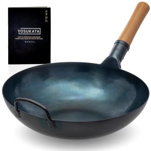 YOSUKATA Blue Carbon Steel Wok - 13.5-inch - Flat Bottom - Fire, Electric, and Gas Compatible - BBQ, Grill, and Camping