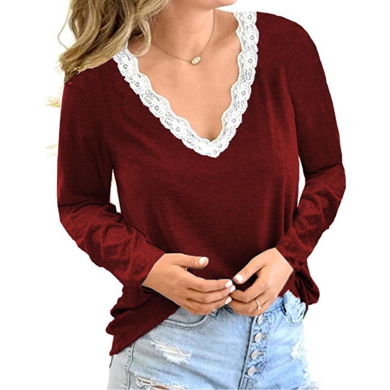 

2024 Новая осенне-зимняя повседневная свободная футболка с V-образным вырезом и длинными рукавами с кружевом для женщин XXL вино красного