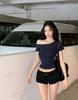 Pure lust Spice Girl slanted shoulder short-sleeved slim-fit T-shirt women's summer tight and thin bottoming shirt slim-fit short top