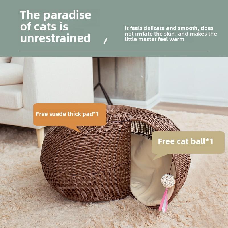 4-Season Semi-Enclosed Cat House Breathable Rattan Pet Bed Detachable Washable Cat Villa Summer Coolness Kitty Cottage