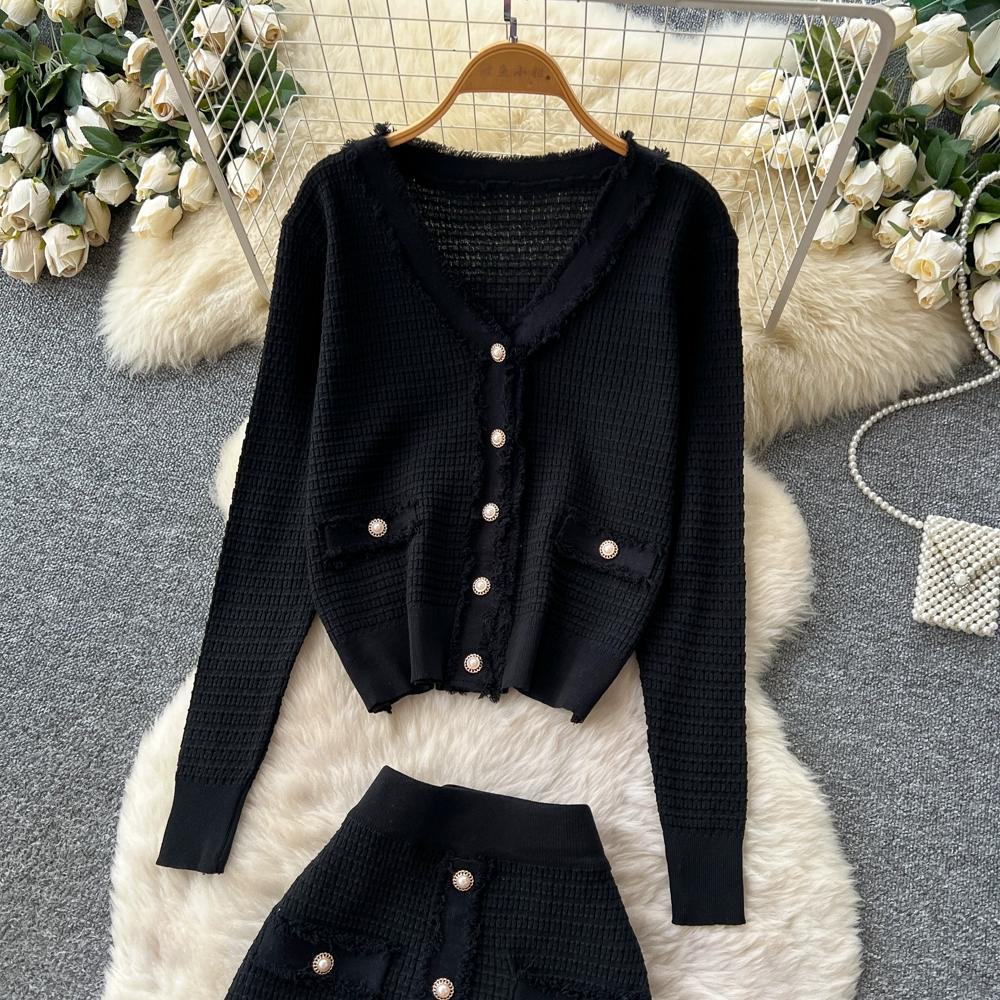 Autumn Winter Women Knitted Sweater Two Piece Set Full Sleeve V-neck Cardigans Coat and Long Midi A-line Skirt Outfits