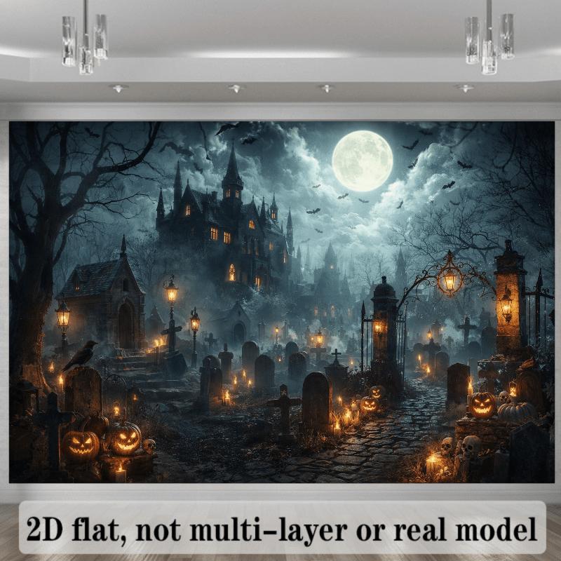 2D plane horror castle scene background fabric Gothic pointed-topped castle full moon.PMJ