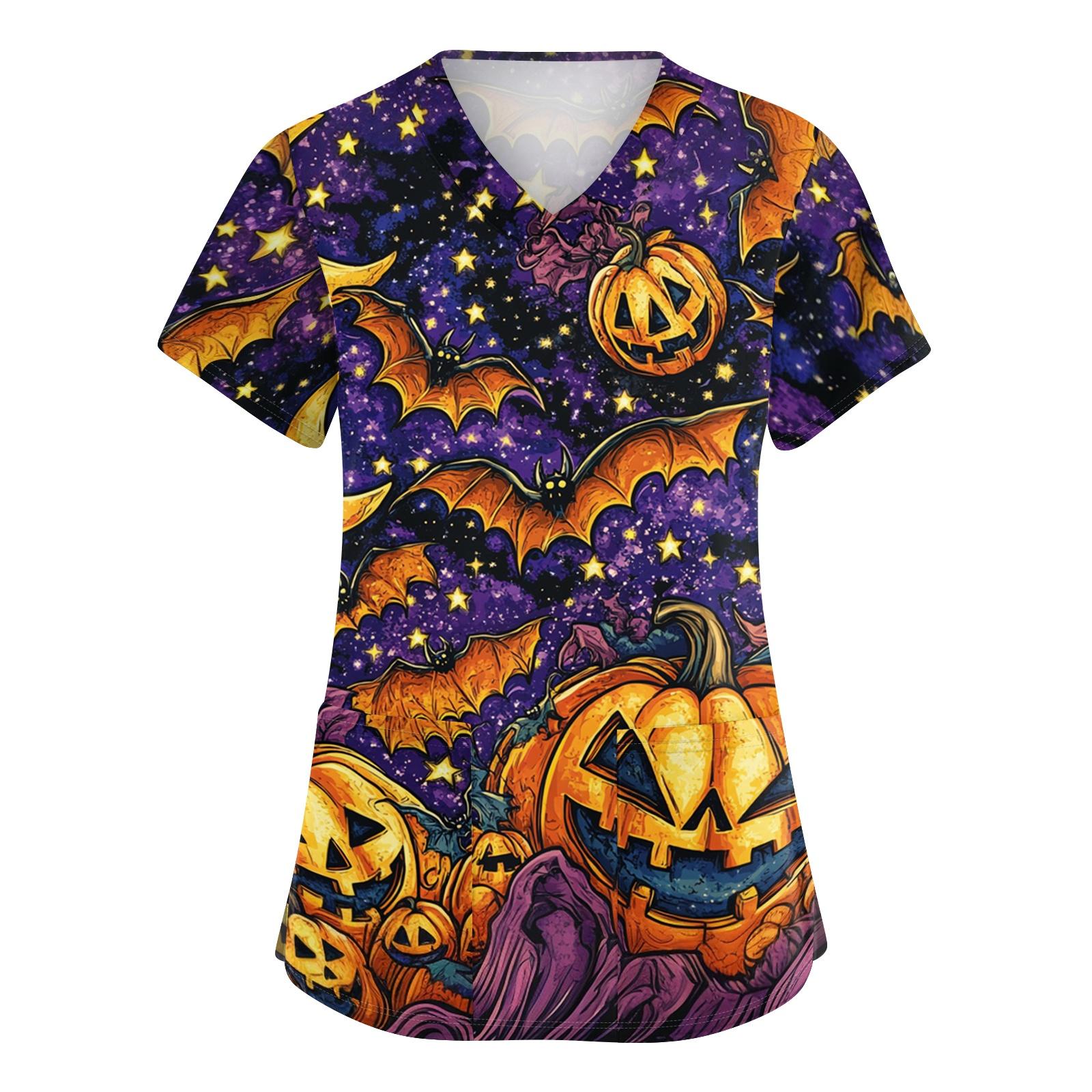 Women V Neck Short Sleeve Top with Pockets Halloween Pumpkin Print Scrub Shirt for and Healthcare Use XXXL фиолетовый