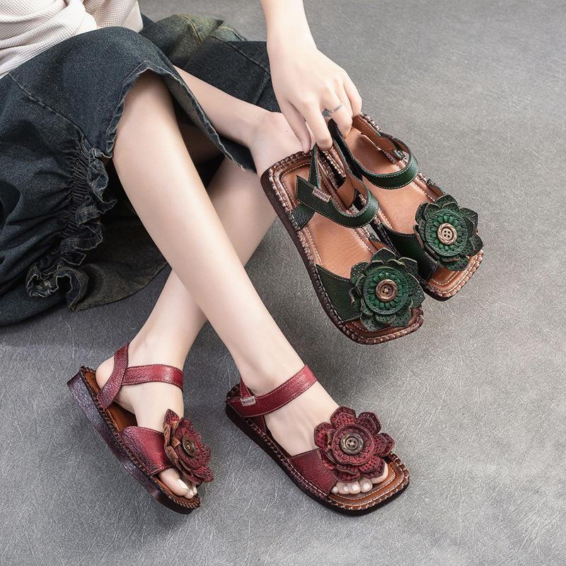 Fashion GKTINOO 2025 New Fashion Round Toe Hollow Genuine Leather Sandals Roman Shoes Breathable Sandals Flat Flower Women Sandals