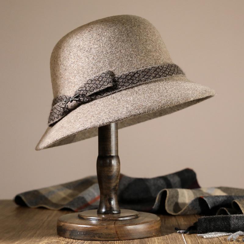 Nowy jesienno-zimowy kapelusz rybacki dla starszych kobiet, dekoracja z węzłem liściowym, damski brytyjski gruby ciepły wełniany kapelusz garnkowy