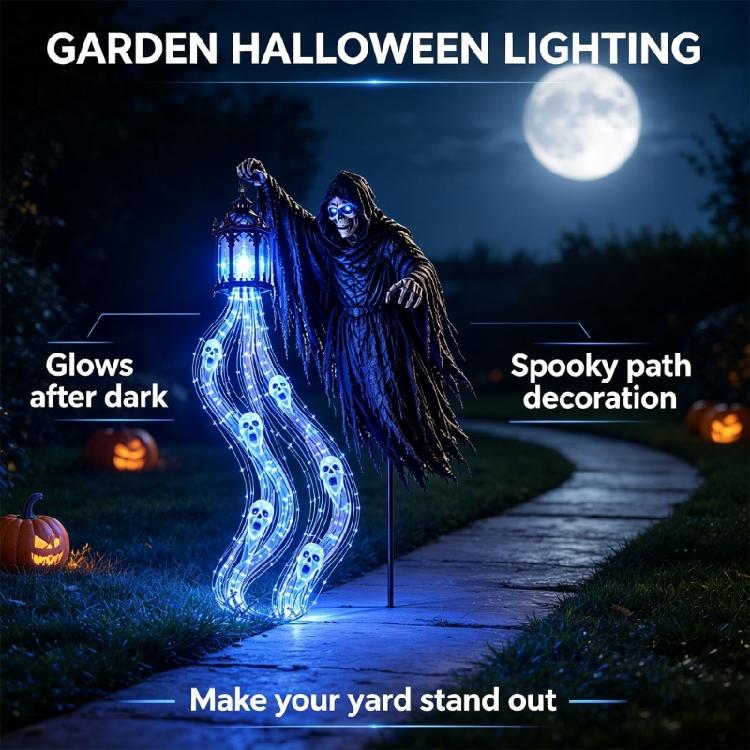 Décoration de Jardin Halloween avec Figure à Capuche Sombre, Lampe Bleue Portative, Graphismes Faciaux et Piquet Métallique pour Pelouse ou Terre