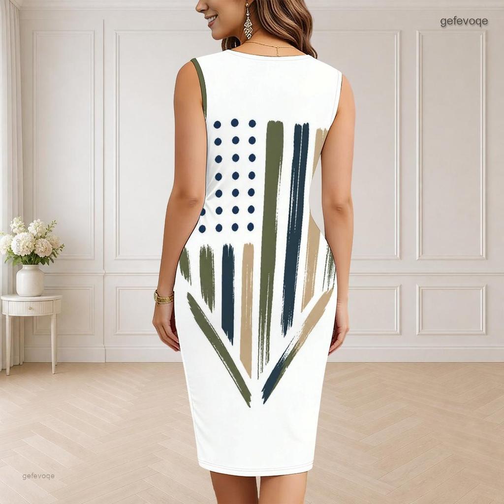 Women Plus Size V Neck Sleeveless American Flag Printed Bodycon Midi Dress