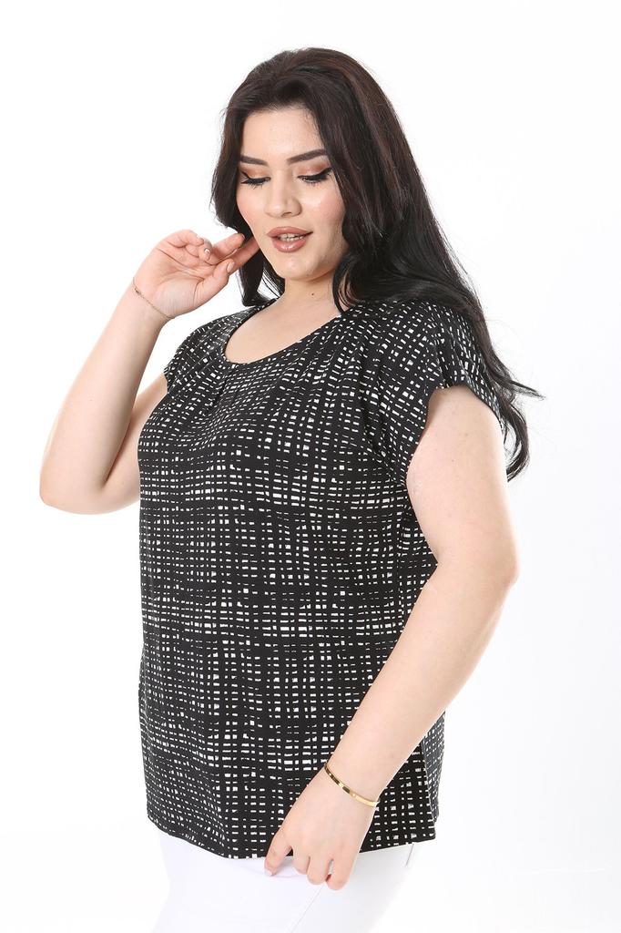 Damen Übergröße Bluse Plus Size Schwarz Rundhals Brustgefaltete Bluse
