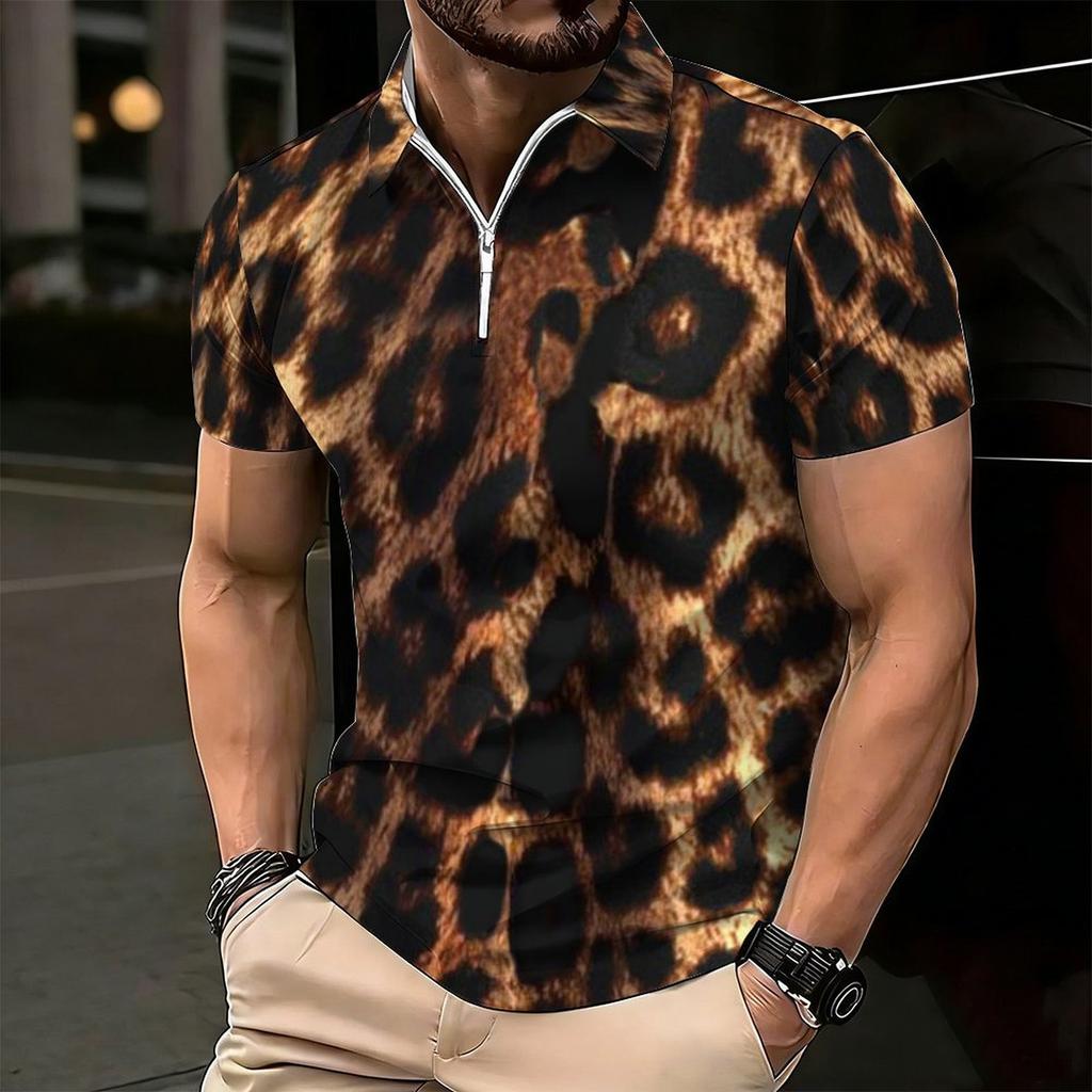 Women Short Sleeve Polo Shirt Pink White Black Camouflage Print Half Zip Lapel Top