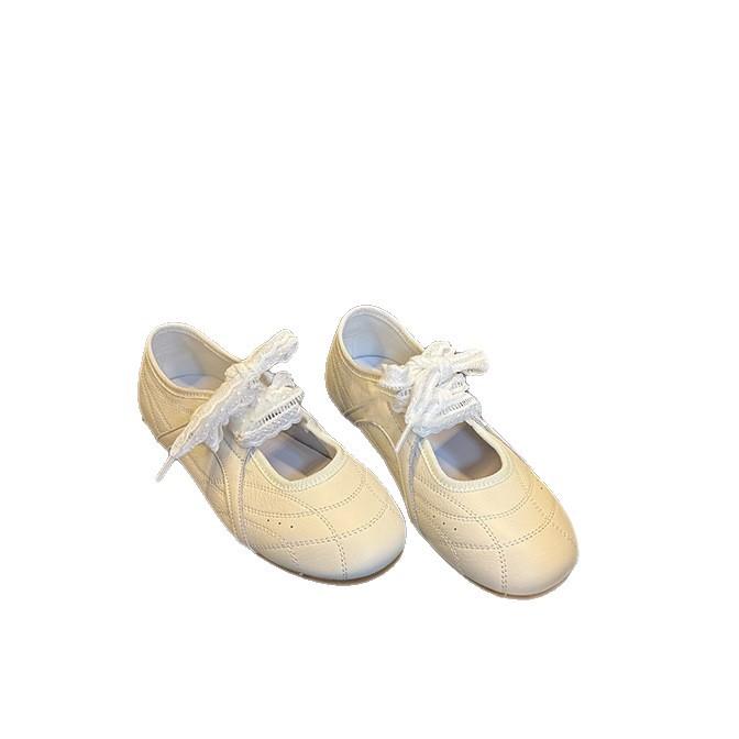 French stunning lace-up ultra-soft leather little white shoes women's round head casual versatile soft-soled ballet Mary Jane shoes women