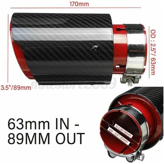 1PC 63MM Universal Car Real Carbon Fiber Exhaust System Muffler Tip Tail Stainless Decorations Straight Trim(Color:Red 63-89mm)