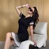 New Summer Color-Block Knitted Dress with Organza Splicing, Round Neck, and Mid-Length Bodycon Design