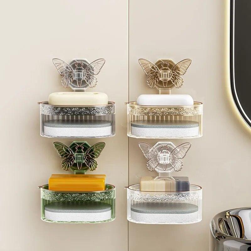 Suction Cup Soap Holder Butterfly Design Double Layer Soap Box Sponge Drainage Holder No Drilling Soap Storage Shelf