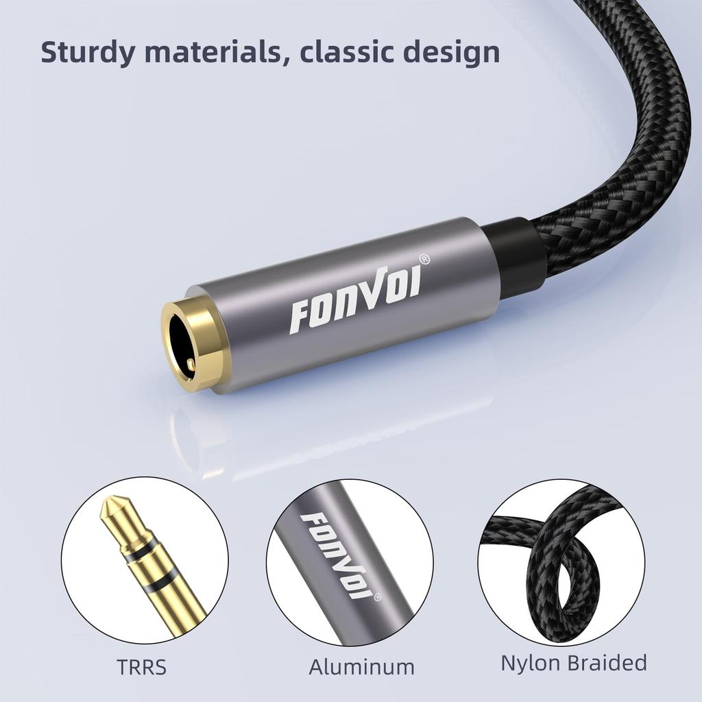 FONVOi Audio Earphone Extension 6M Nylon Braided 24K Gold Plated Compatible with and Speakers 3.5mm Cable, Cord, + + Multi-Shielding Hi-Fi