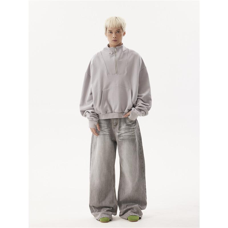 Smoke Gray American Washed Corrugated Wide-leg Jeans Men's and Women's Old Loose Drape Bf Straight Mopping Pants Slightly Pulled