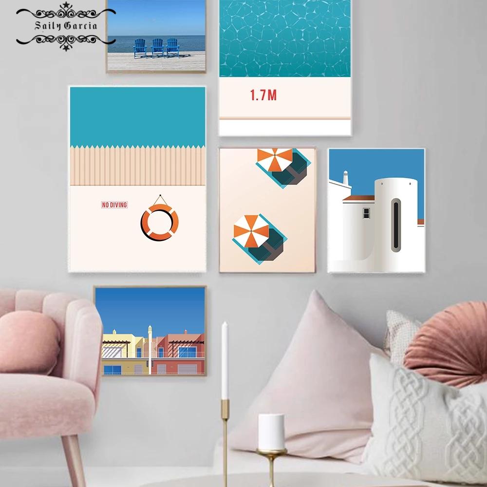 Minimalist Swimming Pool Poster Print Miami Ocean View Canvas Painting Summer Beach Wall Art Pictures for Living Room Home Decor