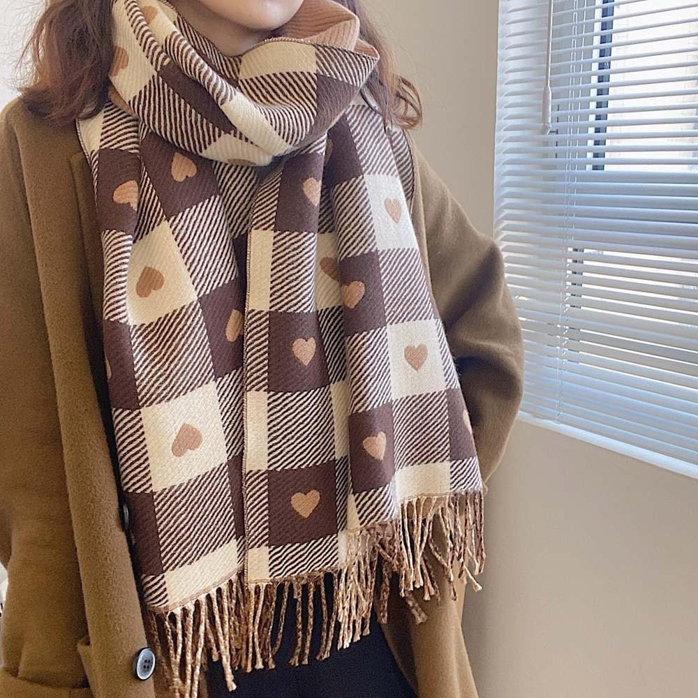 Long Plaid Knitted Scarf Warmer Tassel Shawl Korean Style Heart Thickened Scarf Autumn