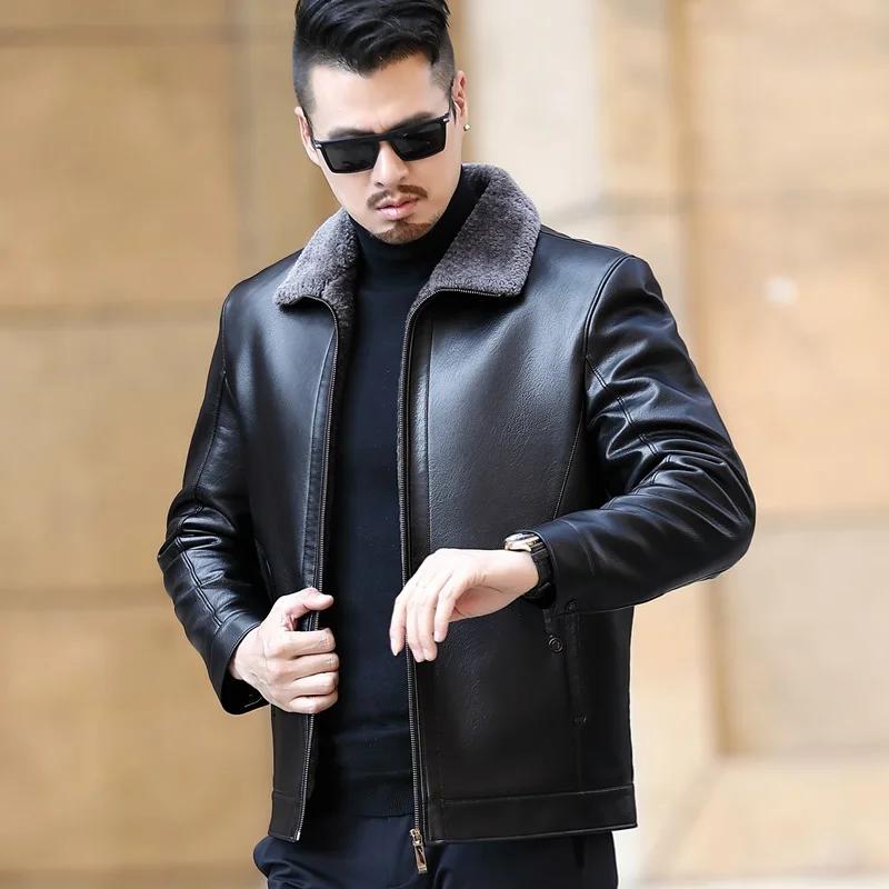 

Men s Fur One Casual Thickened Motorcycle Jacket Mens Fashion Leather Jacket Male Plus Cashmere Sheep Leather Jacket Short Coat 4XL чёрный