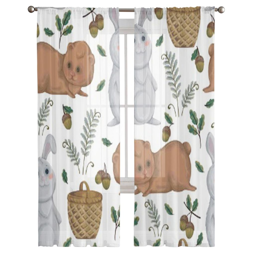 Niedźwiedź Królik Koszyk Paproć Żołądź Szyfonowe Zasłony Do Salonu Sypialni Kuchni Dekoracja Okna Voiles Tiulowe Zasłony