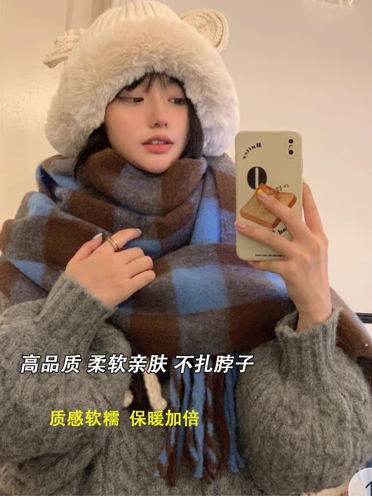 New Korean atmosphere plaid scarf women's winter Korean version thickened student versatile warm cute scarf