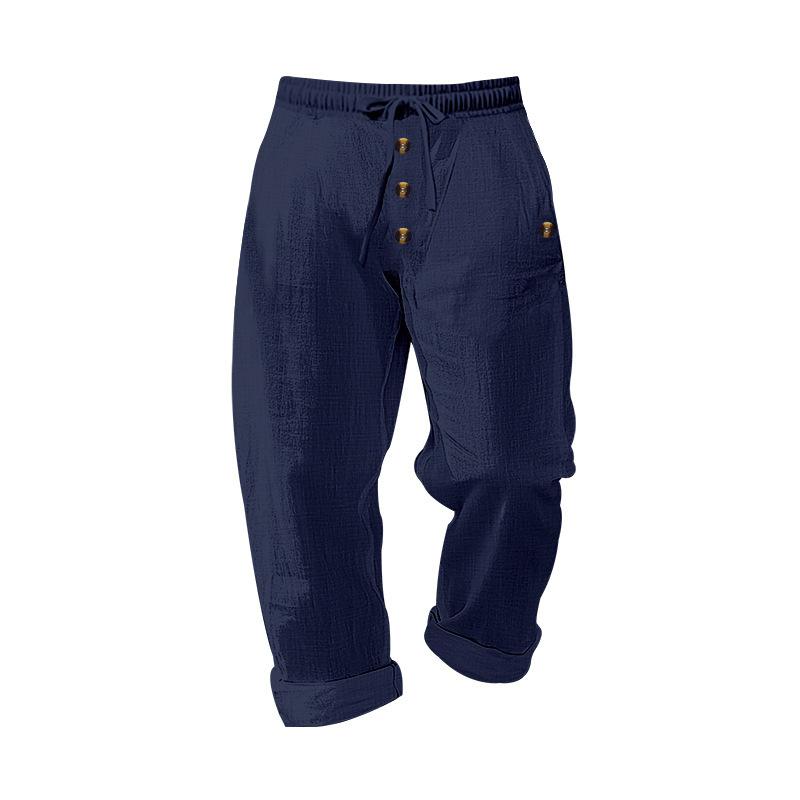 Fashion Men's Solid Colour Cotton Linen Loose Drawstring Button Casual Trousers Man