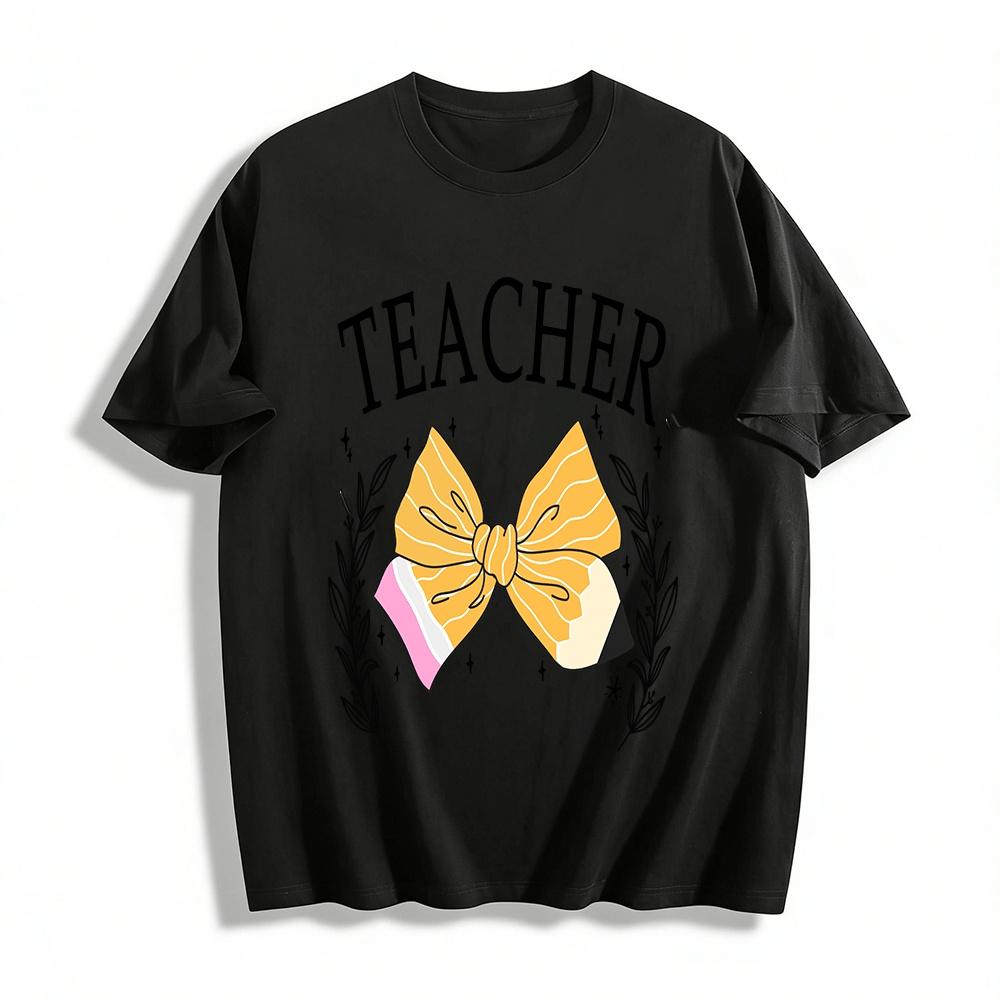 Cute Pencil Bow Teacher Themed Casual Crew Neck T-Shirt Pure cotton T-shirt XXS