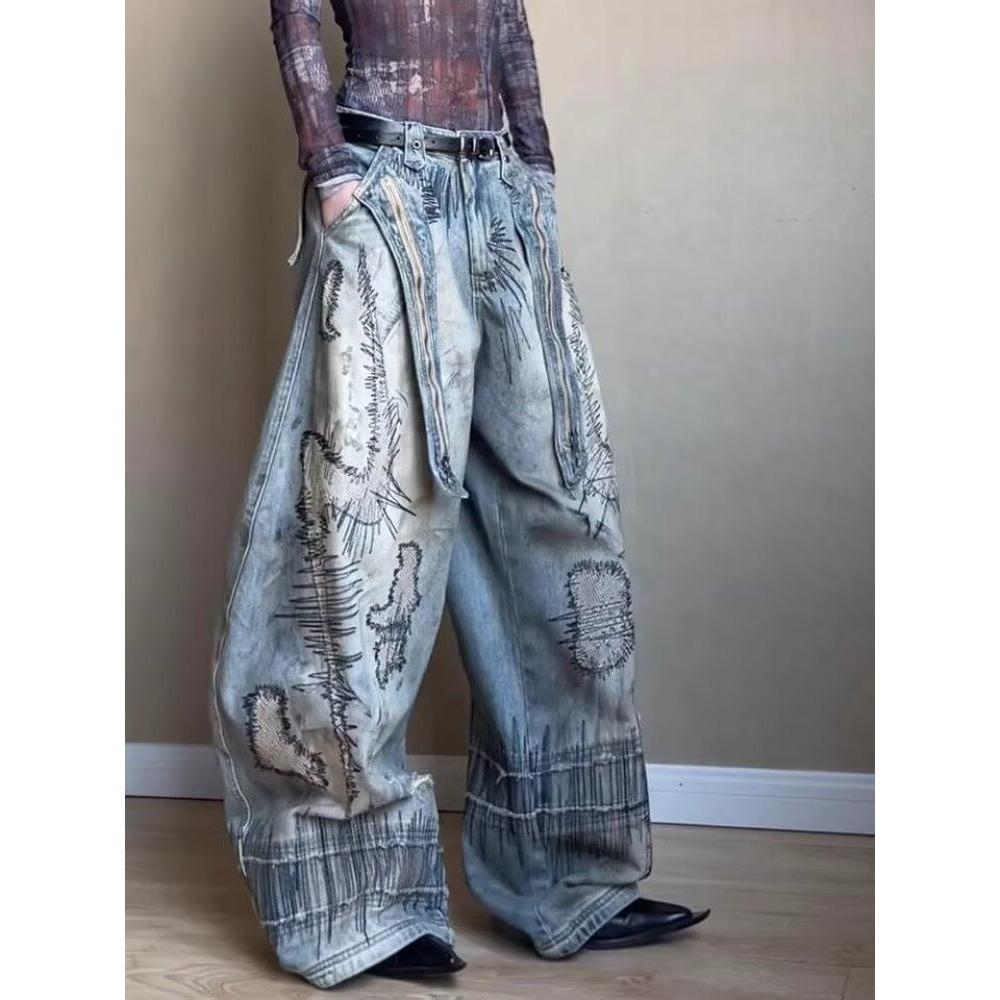 Women's Plus Size Retro Knife-Design Wide-Leg Jeans: Washed, Stained, Curved, Draping Long Pants