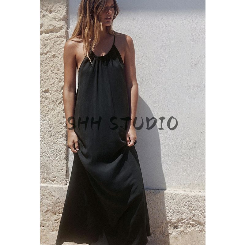 Summer New Product Women's Clothes Seaside Vacation Style Ruched Decoration Hanging Collar Midi Skirt Long Dress 6929187