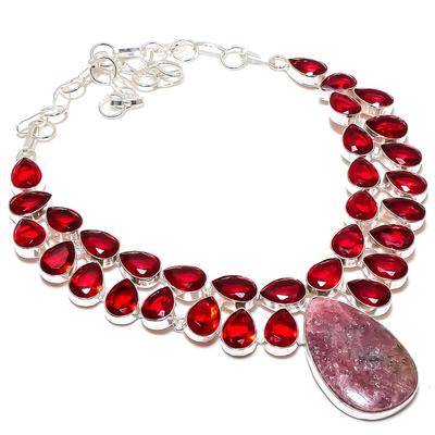 Natürlicher Rhodonit, Granat Edelstein Handgefertigte 925 Sterling Silber Halskette 18" U9t87