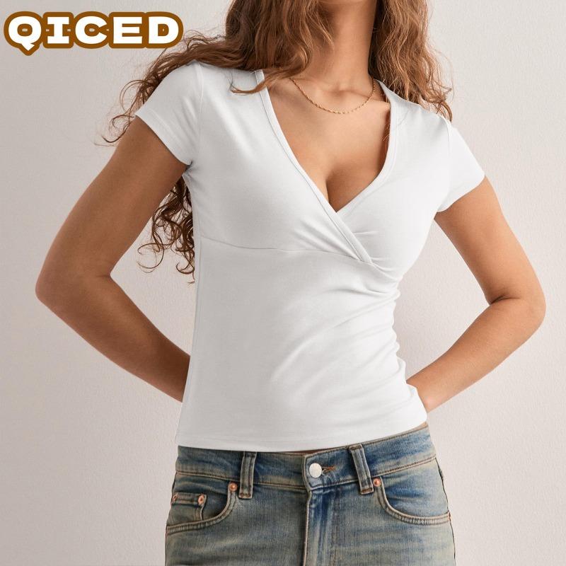QICED Damen Mode Lässig Einfarbiger Druck Kurzarm V-Ausschnitt Blusen & Hemden Einzigartiges Design