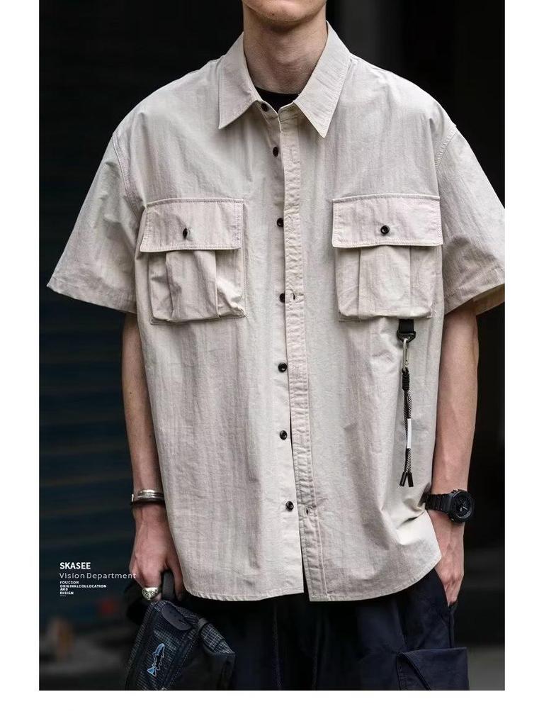 Men's Japanese Style Solid Color Short-Sleeve Workwear Shirt with Large Pocket