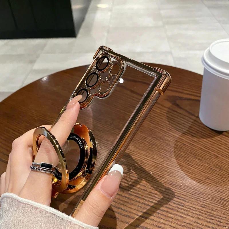Four Corners Anti Drop Transparent Electroplated Magnetic Stand Protective Case For Samsung Galaxy S25 S24 S23 S22 21 Ultra Plus