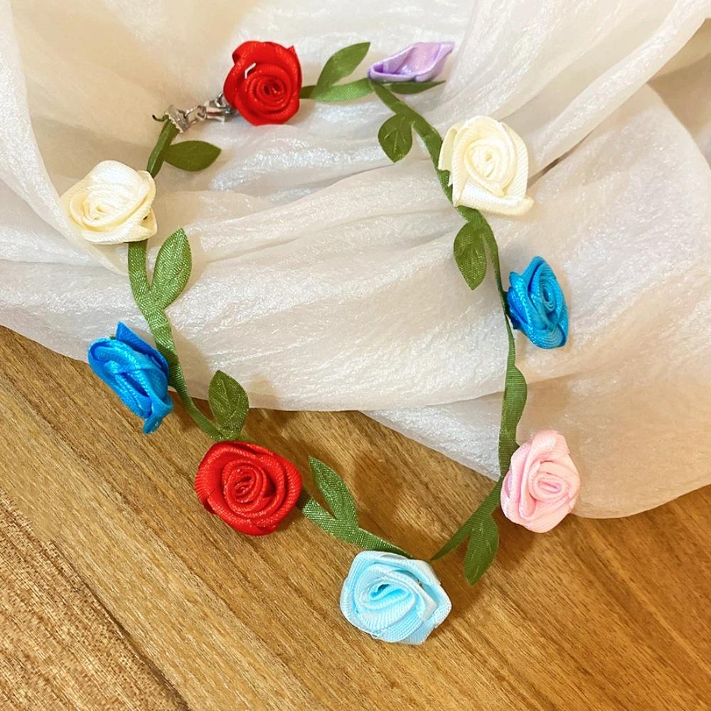 Dopamine Style Satin Cloth Flower Choker Collarbone Choker Summer Clavicle Chain  Gift