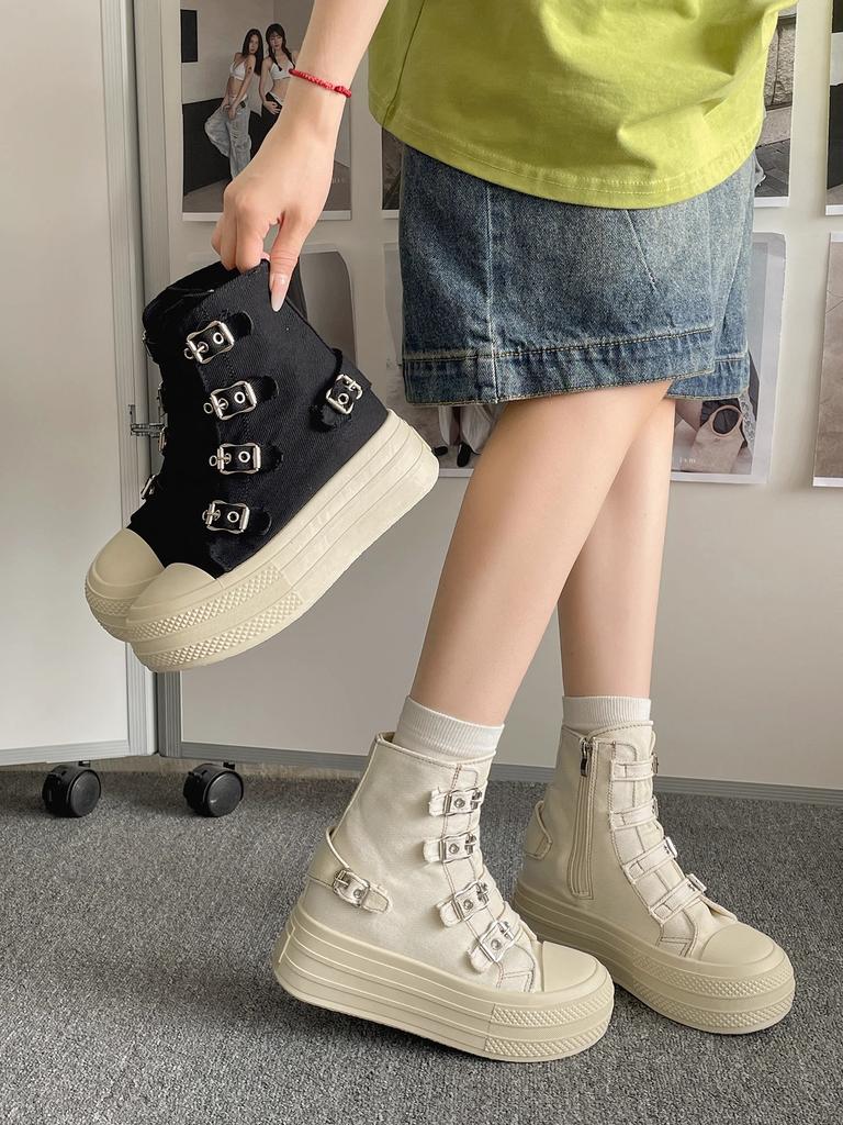CHABELLA Women's High Top Canvas Shoe Design Buckle Strap Zip Simplicity Female Shoes   High Street Grace Waling Shoes