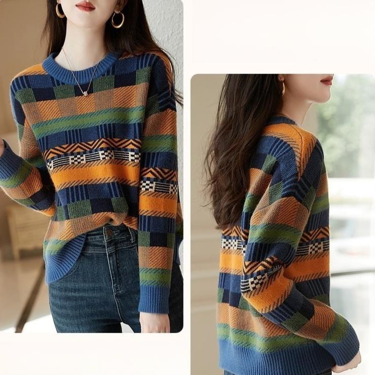 Färgblockerad Stickad Tröja med Lång Ärm för Kvinnor Lös och Ledig Tröja Trendig Tusenfågelrutig Pullover Höst och Vinter