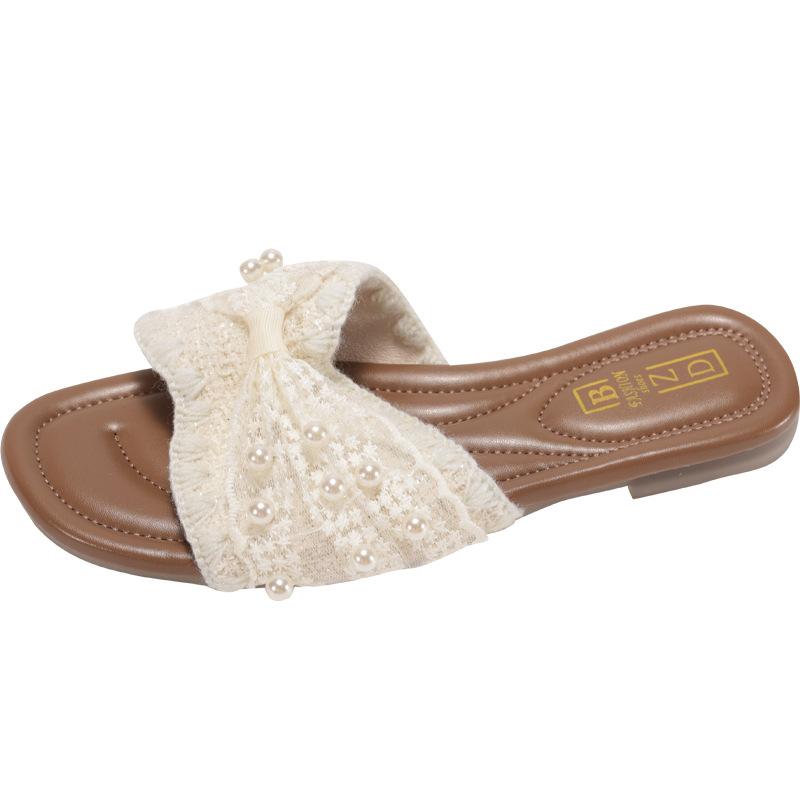 Beige Fashion Popular One-word Flat-bottomed Non-slip Slippers for Women's Summer Wear 2025 New Models with Skirts French Cool Slippers