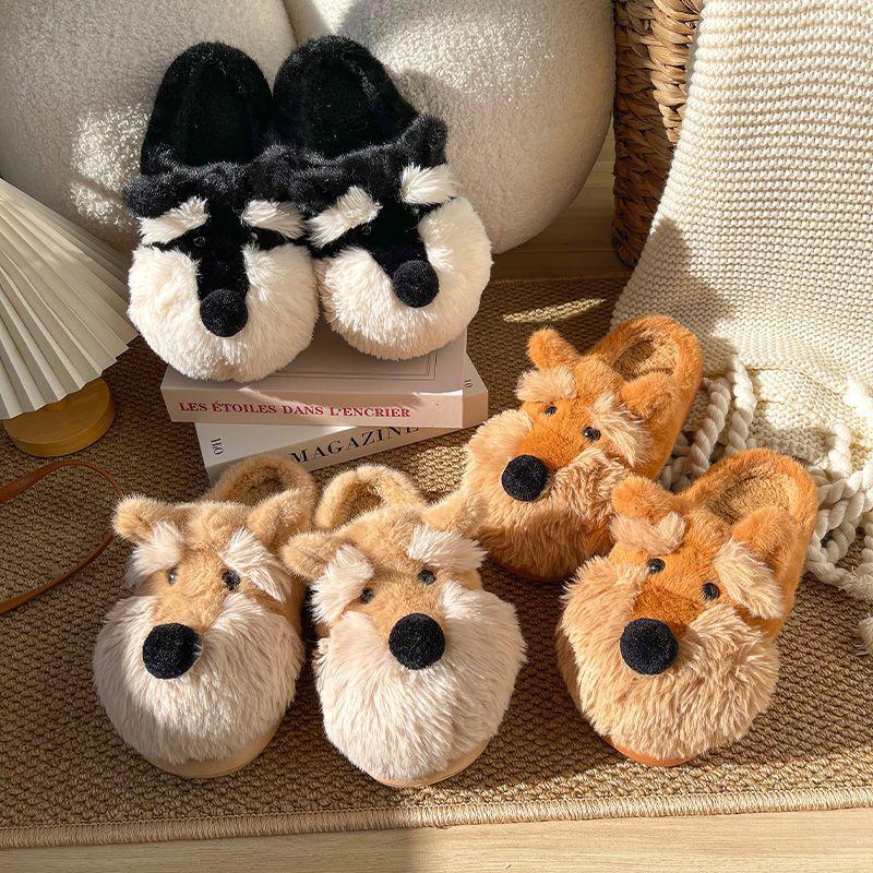 Women's Warm Furry Schnauzer Puppy Slippers - Cute Cartoon Cotton Indoor Footwear for Autumn & Winter