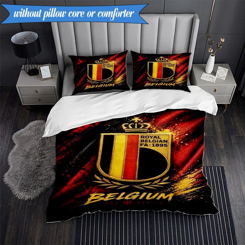 3PCS Belgium Football Crest Emblem Bedding Set 2D Printing (Includes 1 Duvet Cover + 2 Pillowcases Coreless), Bedroom decor,Fan gift