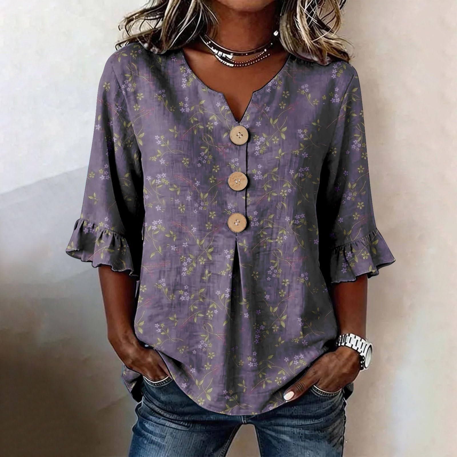 

Womens V Neck Floral Print Button Front Loose Fit Top with Ruffle Sleeve Casual Blouse for Everyday Wear XL фиолетовый