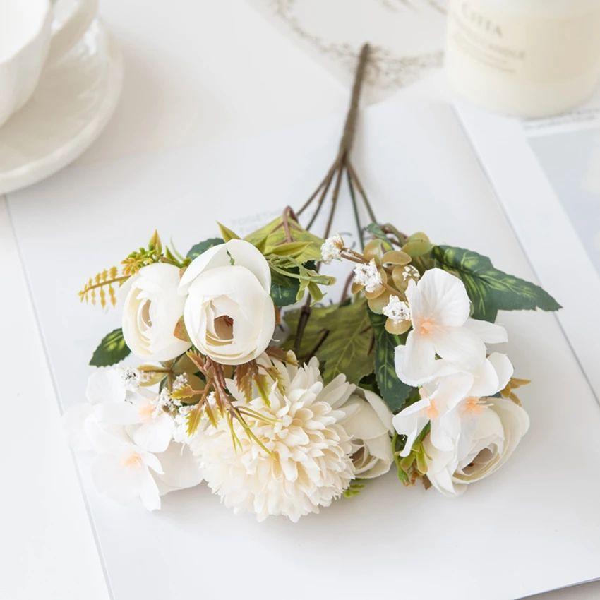 Artificial Flowers Cheaper Tea Rose Buds Diy Candy Box Vase for Home Room Decor Christmas Garland Wedding Bouquet Silk Hydrangea