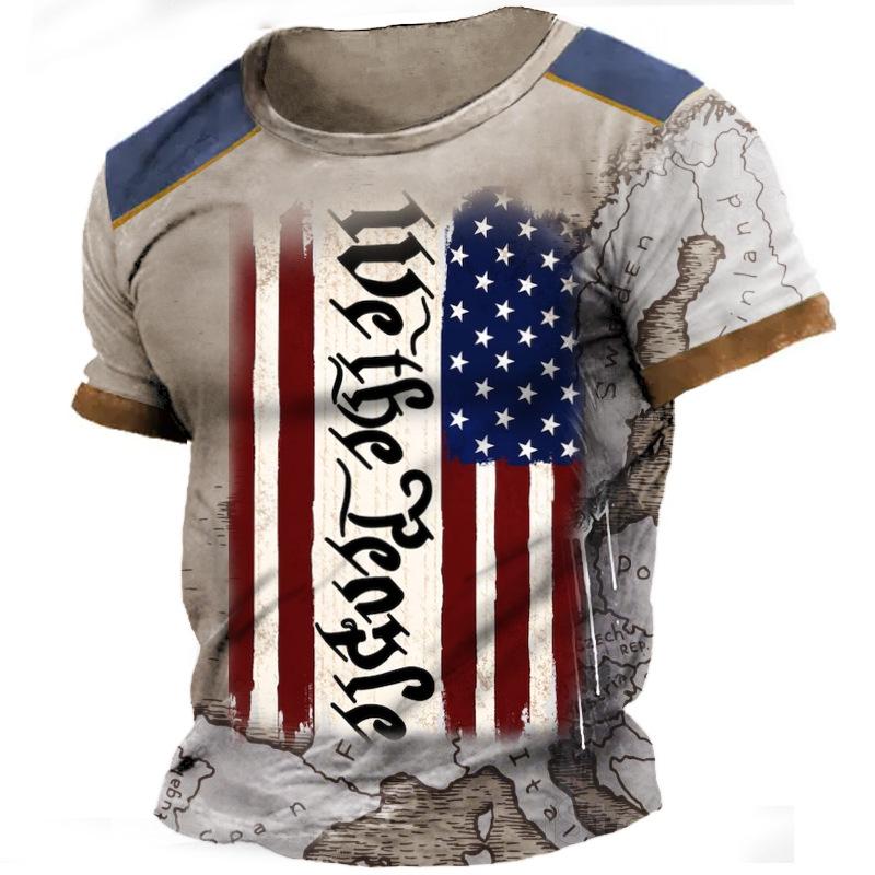 Buy Men's T-shirt American Flag Print Tee Shirt Summer Round Neck