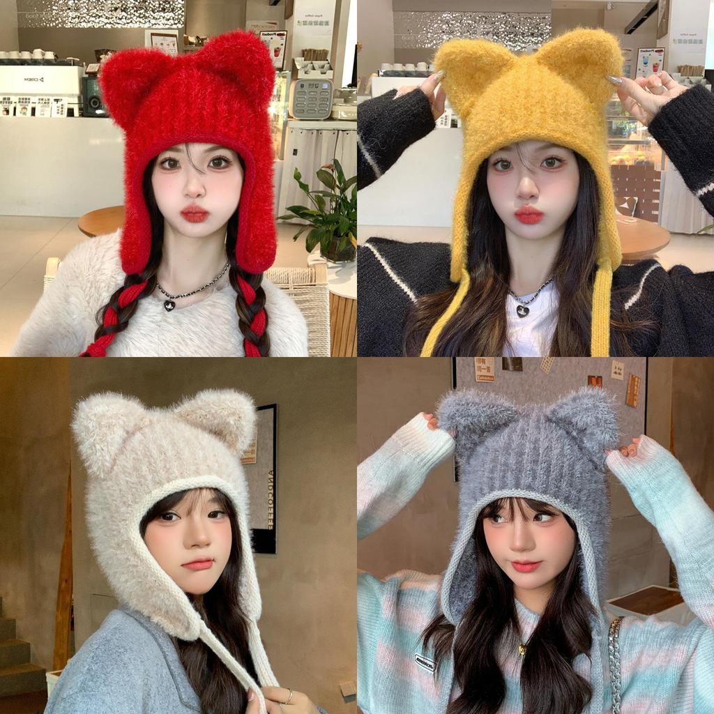 Style Knit Hat For Women With Plush Bear Ears Warm Winter Beanie For Casual Fashion