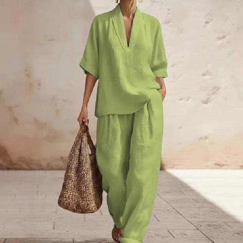 Frühling und Sommer Europäischer und Amerikanischer Stil Damen Einfarbig Bequem Minimalistisch Leinen Zweiteiliges Set