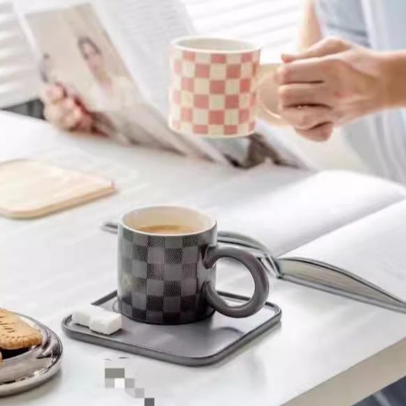 Nordic Ceramic Breakfast Cup Disk Set with Disk Ceramic Afternoon Tea Cup Checkerboard Ceramic Coffee Cup Disk Mug