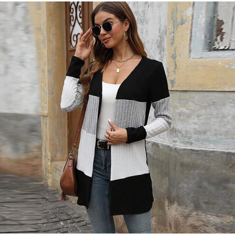 Color Blocked Women's Knitted Sweater for Autumn and Winter Mid To Long Casual Thick Cardigan