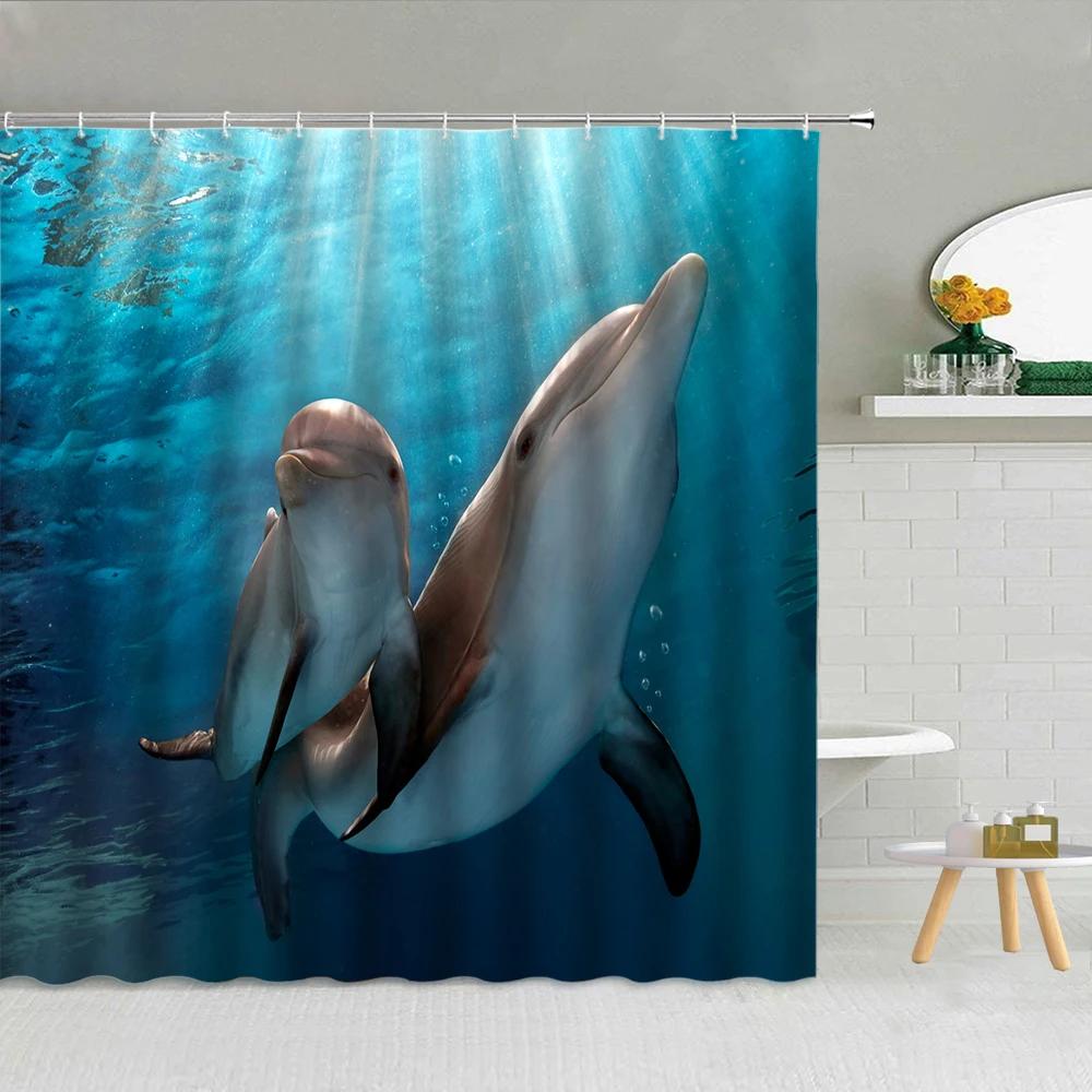 Blå hav undervattens strandscen duschdraperi delfin sköldpadda val djur badrumsdekoration krok gardin