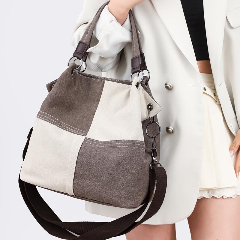 Women's Canvas Bag Stitching Contrast Color Tote Fashion Style Handbag Shoulder Bag Retro Crossbody Bag Women's Big Bag