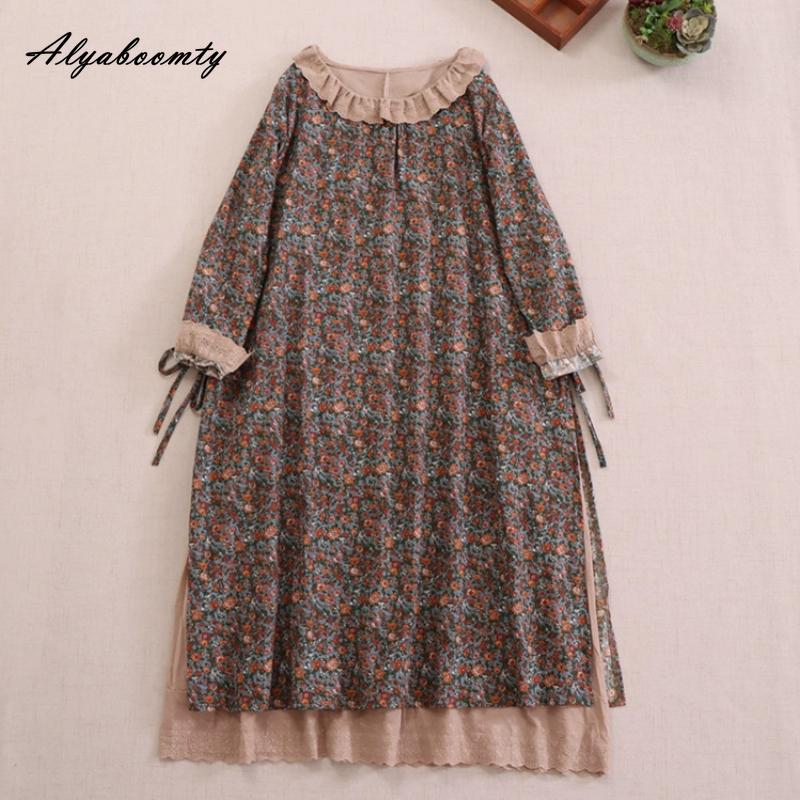 Japanisches Mori-Mädchen Frühling Herbst Damen Midikleid Rüschenkragen Blumendruck Patchwork Retro Kleid Vintage Baumwolle Leinen Stickerei Aushöhlen Kleid