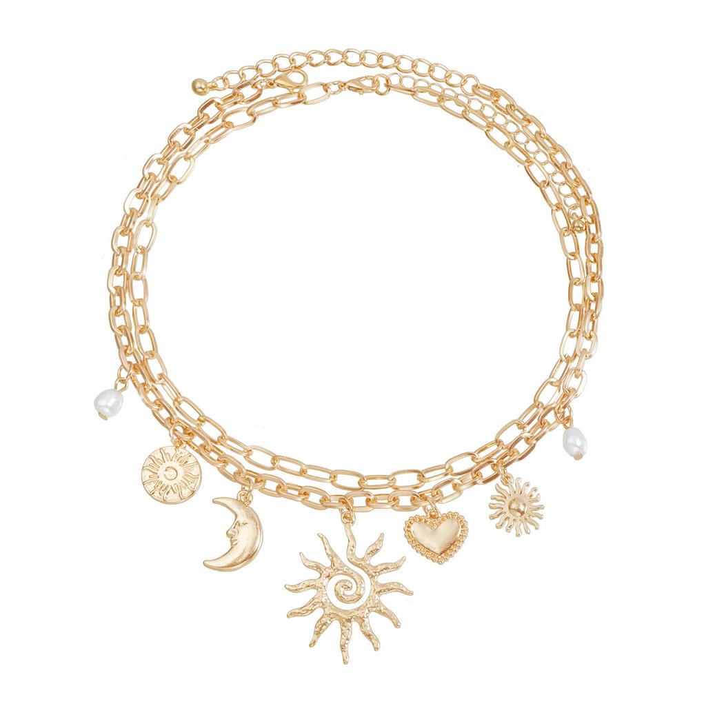 European and American jewelry retro ethnic wind sunflower necklace women's fashion multi-element moon love necklace