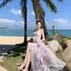 A Skirt with a Bow and Blue Spaghetti Strap Dress for Women, Summer Design Style, Sweet and Spicy, Waist-cinching A-line Long Dress